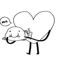 A picture of a heart with legs and arms kissing a blobfish.